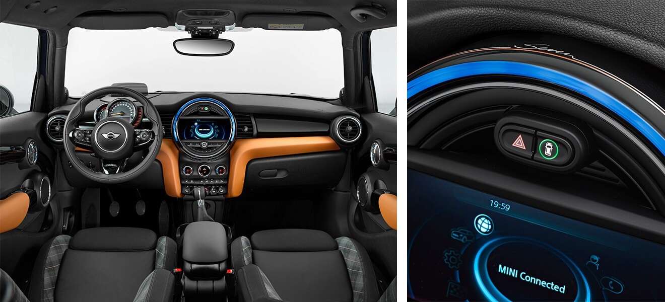The interior of the new MINI Seven features seats in fabric/leather finish Diamond Malt Brown, interior surfaces in Piano Black and optional Colour Line Malt Brow. The central instrument panel features extended display elements and optional illuminated LED ring.